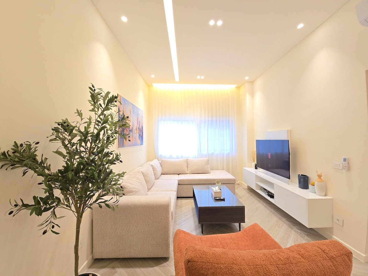 Living room with smart TV, Modern Achrafieh 1-Bedroom with 24/7 Power