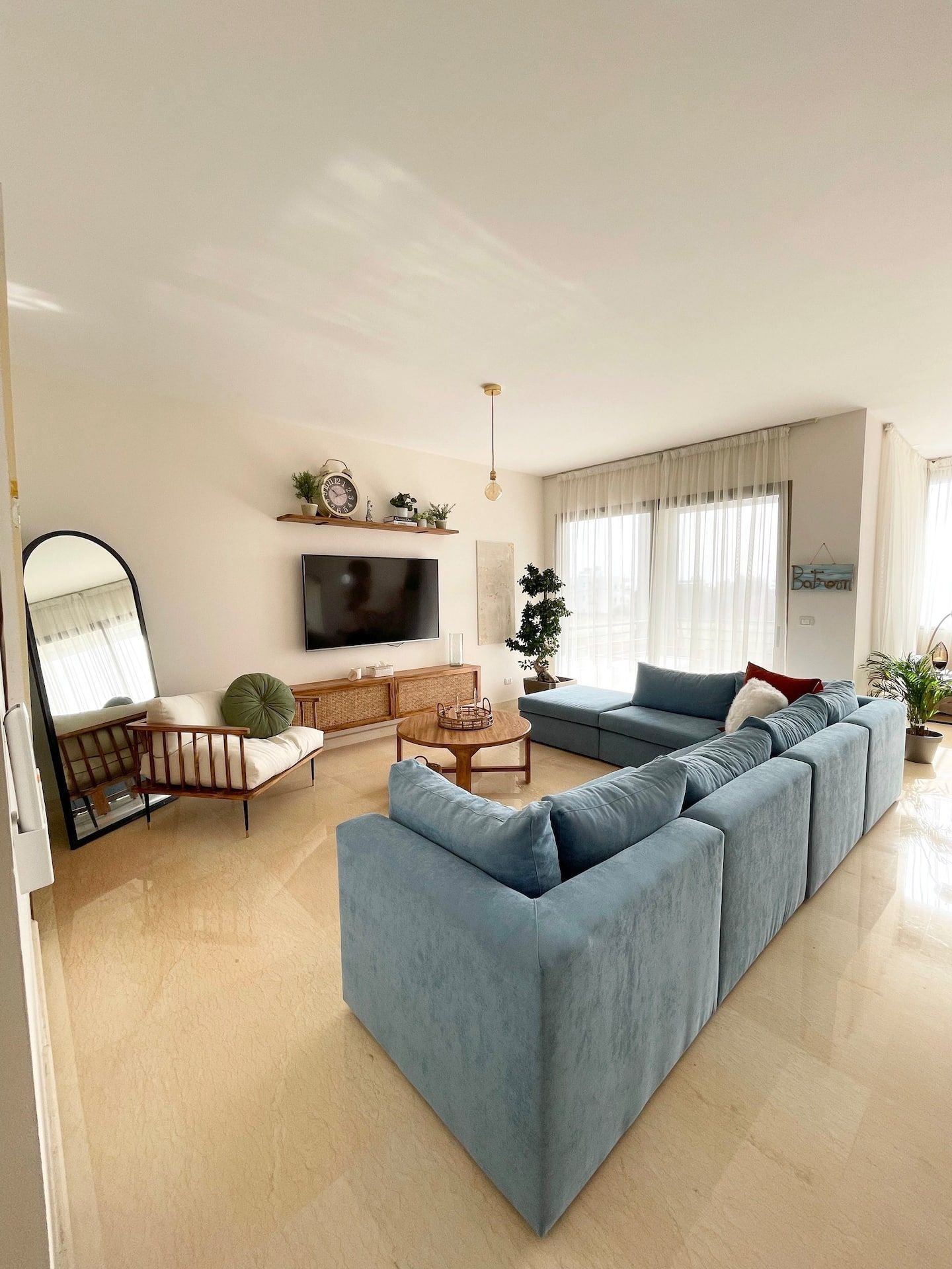 Living room with blue sofa, Batroun Bohemia 3-Bedroom with Pool