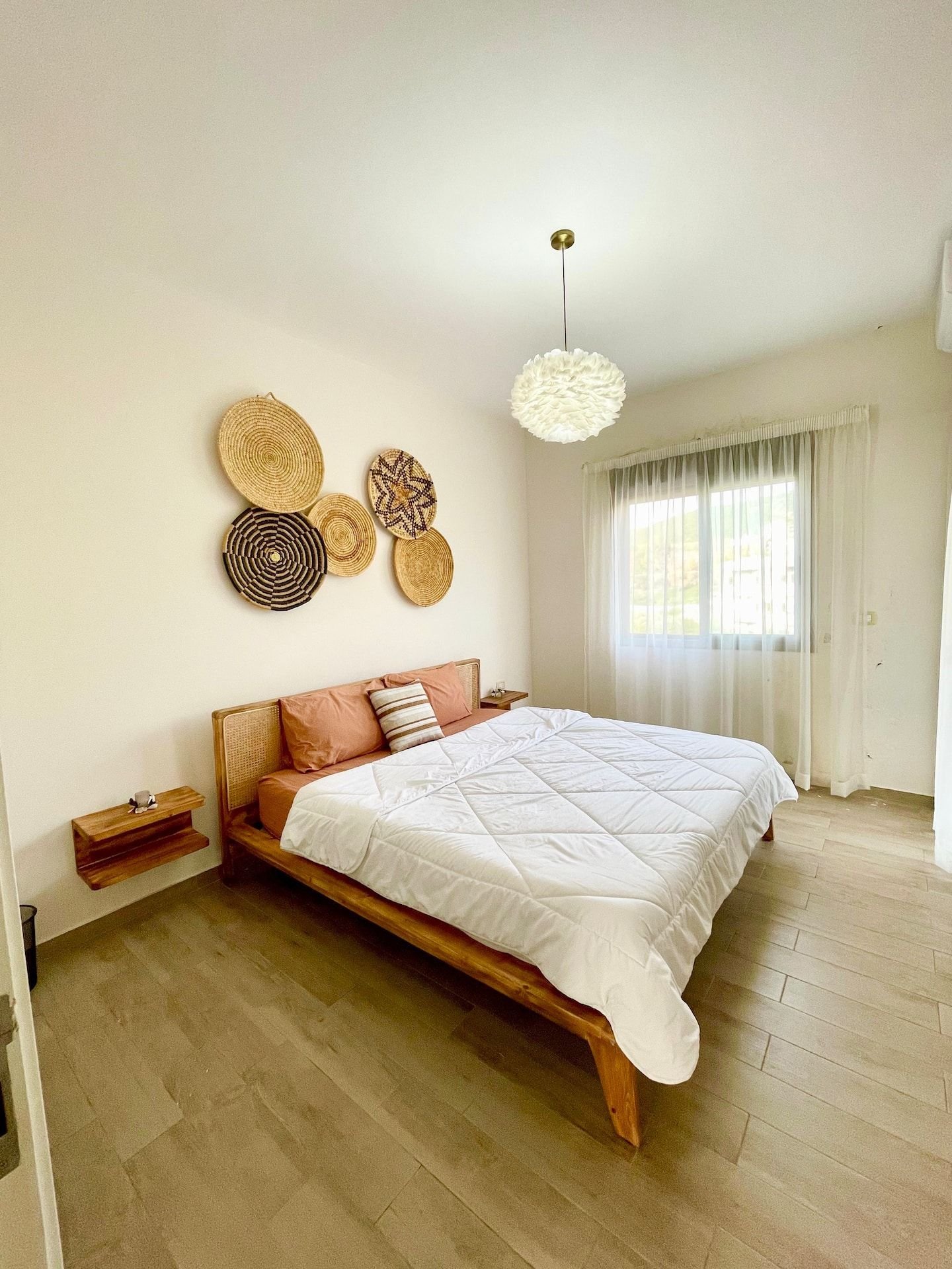 Bedroom with woven wall decor, Batroun Bohemia 3-Bedroom with Pool