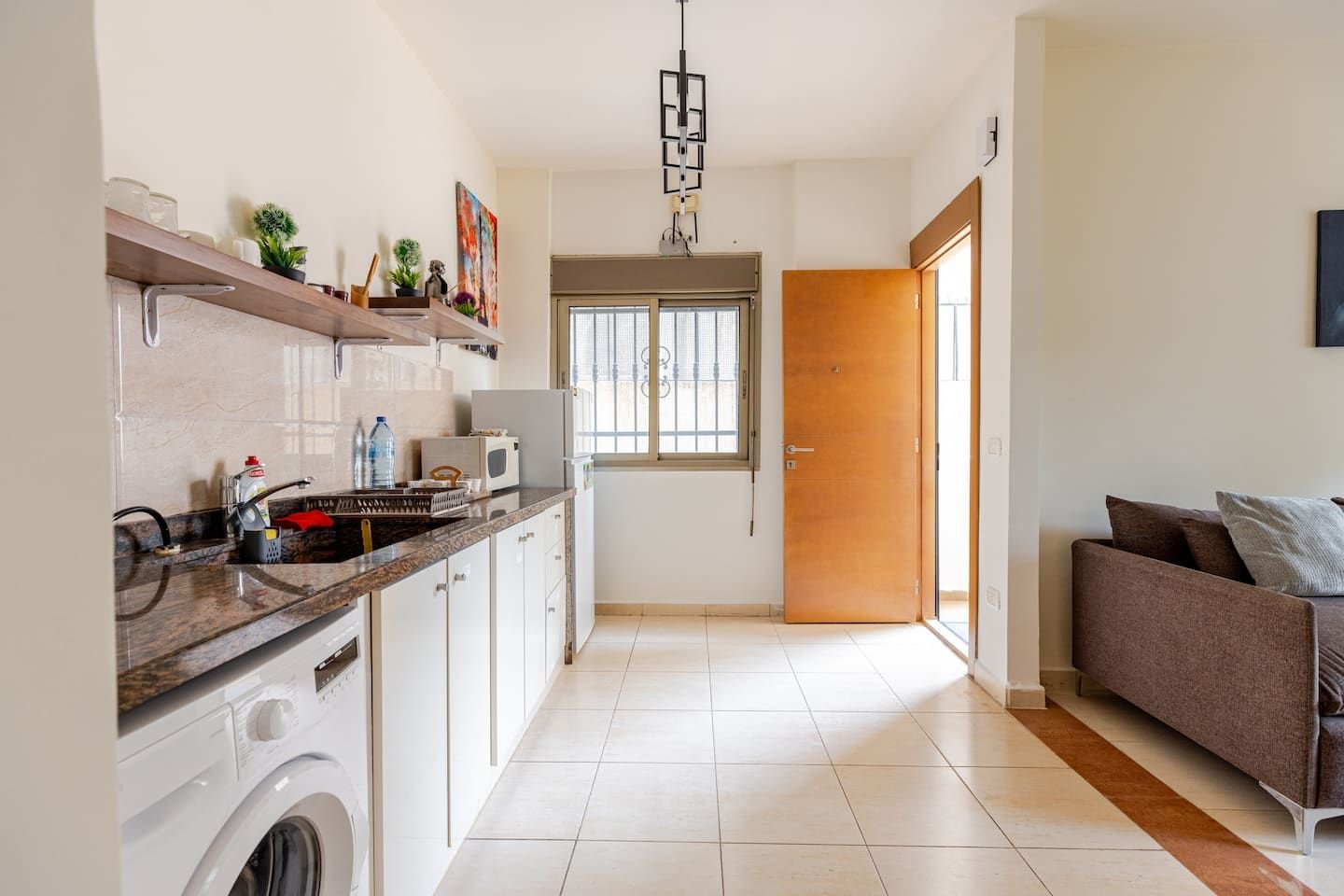 Kitchen with washing machine, Modern 1-Bedroom with Private Entrance & Terrace