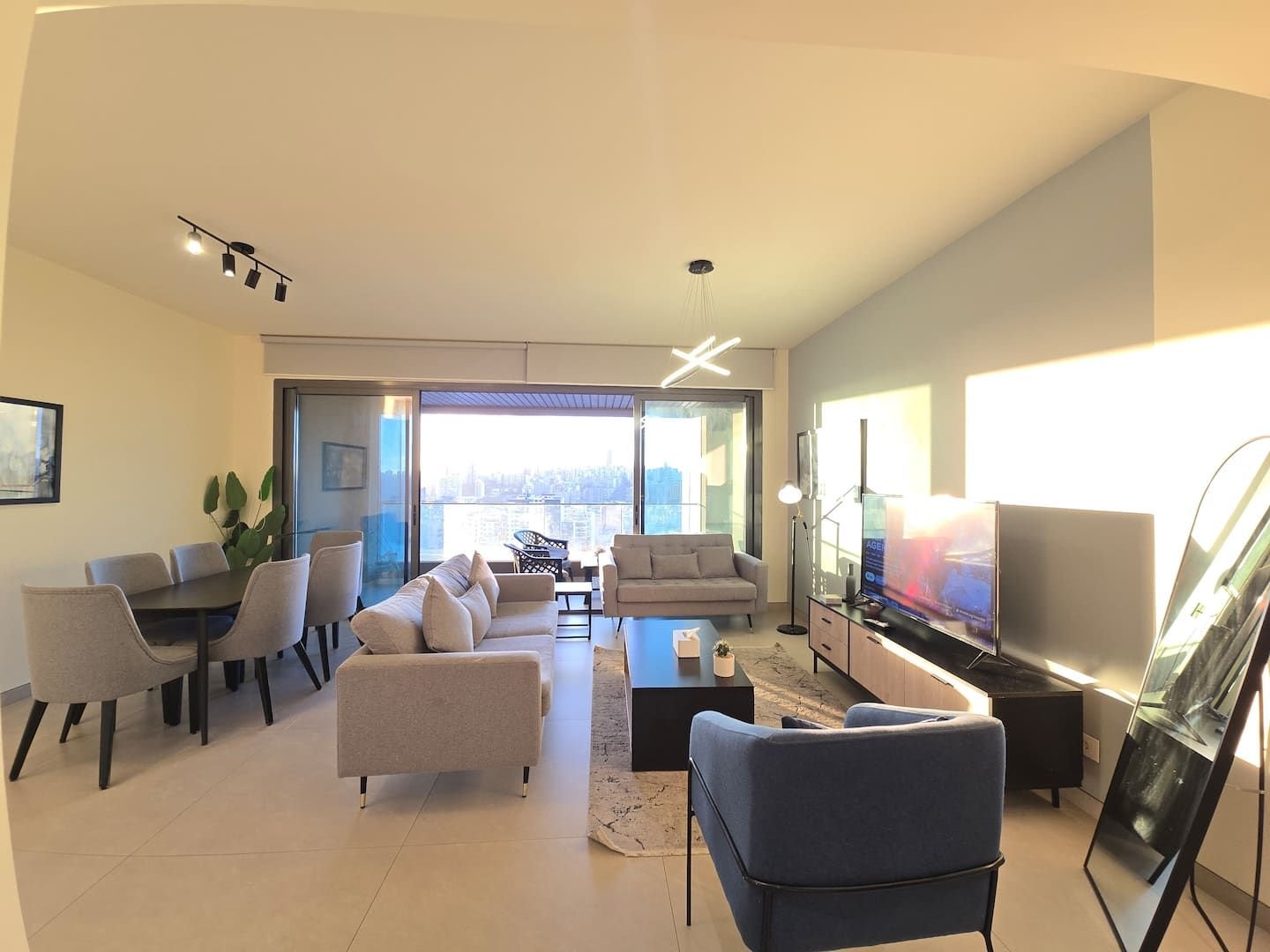 Open-plan living and dining room, City Skyline 3-Bedroom with Pool, Gym & Playground