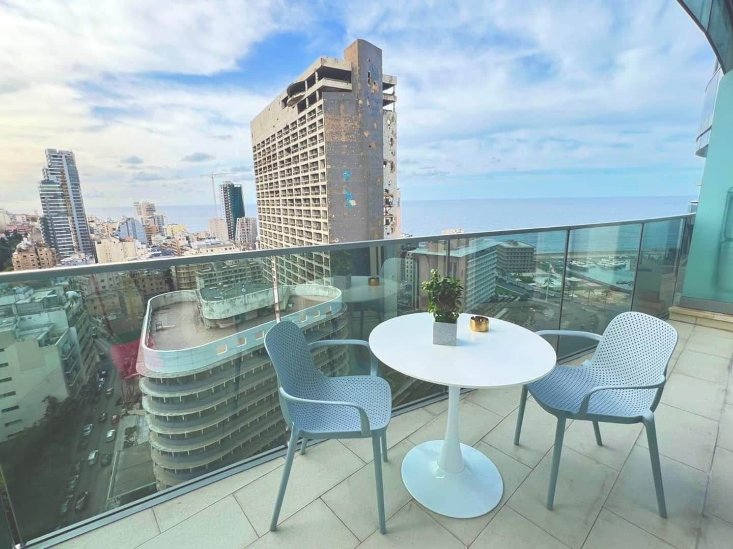 Balcony overlooking the Beirut skyline, Sea Breeze Studio in the Versace Tower