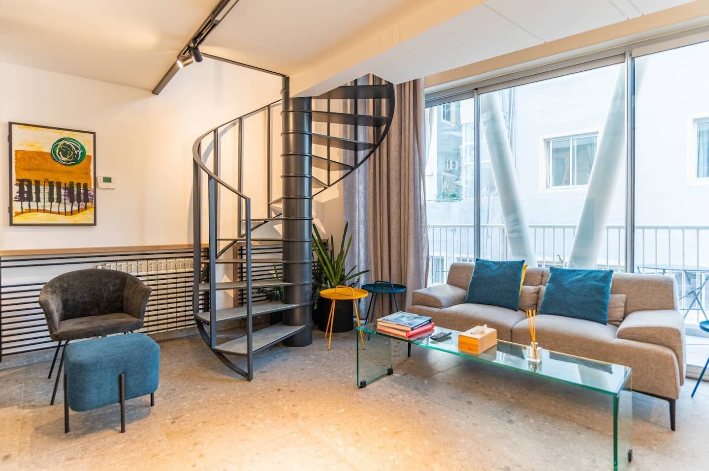 Living room and spiral staircase, Retro Loft with Flying Balcony in Gemmayzeh