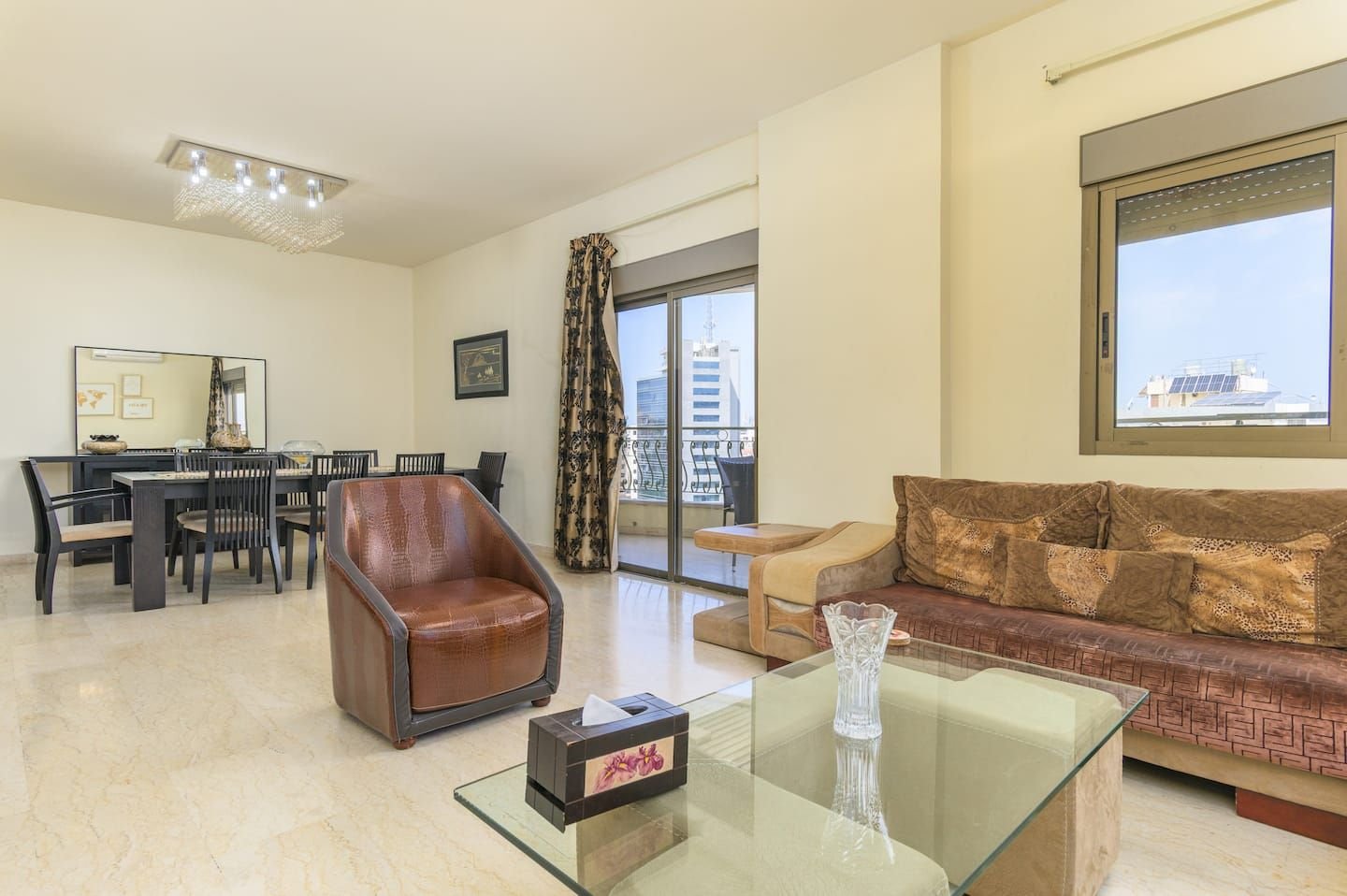Salon with dining area, Bright Jdeideh 3-Bedroom with City View