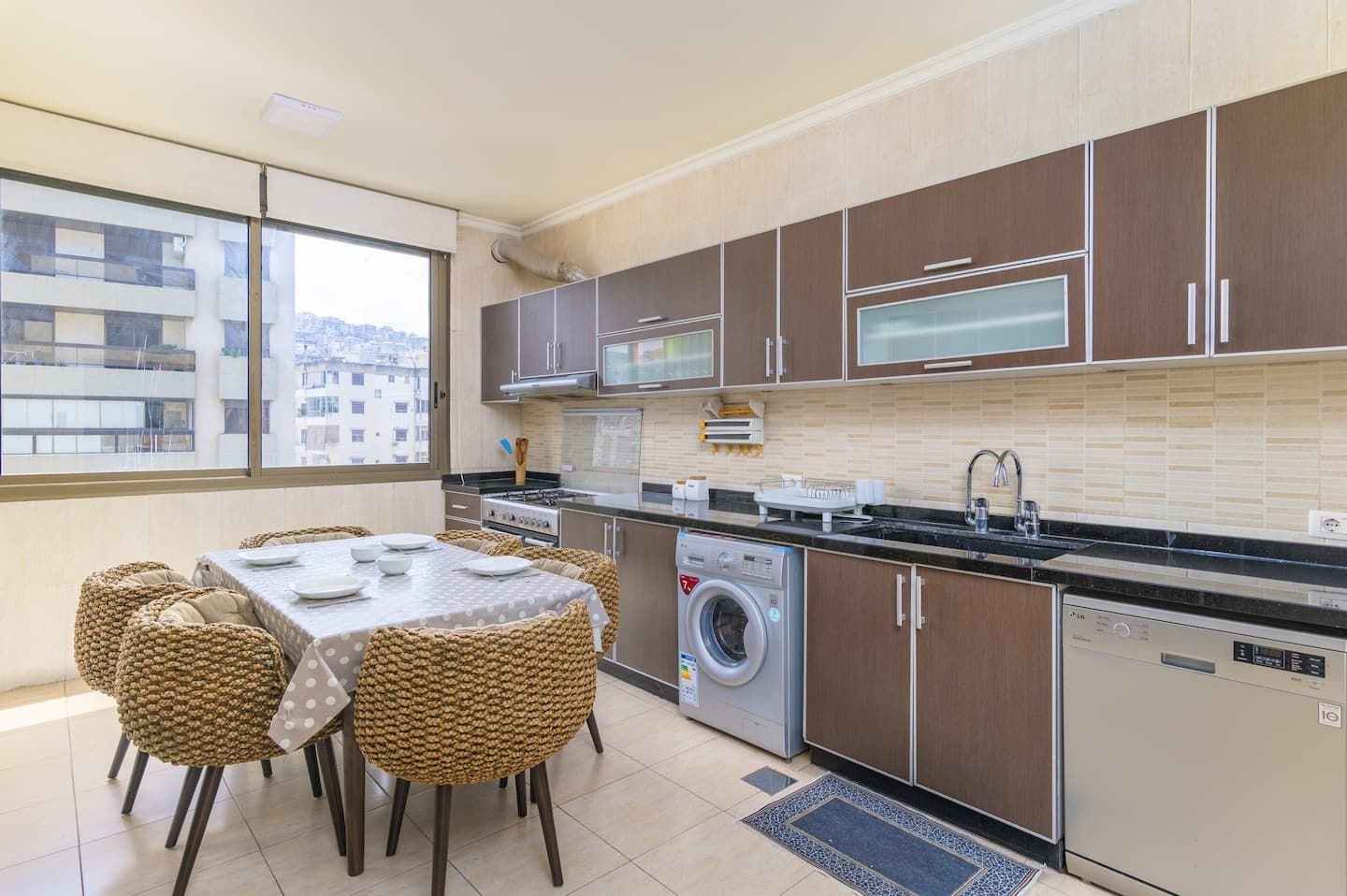 Kitchen with washing machine, Bright Jdeideh 3-Bedroom with City View