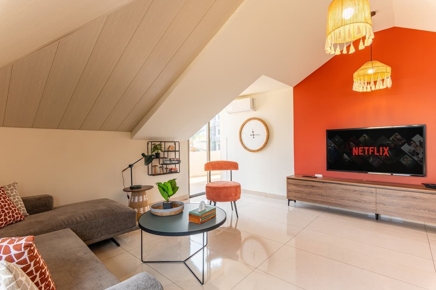 Living room with smart TV, Chic Boho 2-Bedroom with Private Terrace