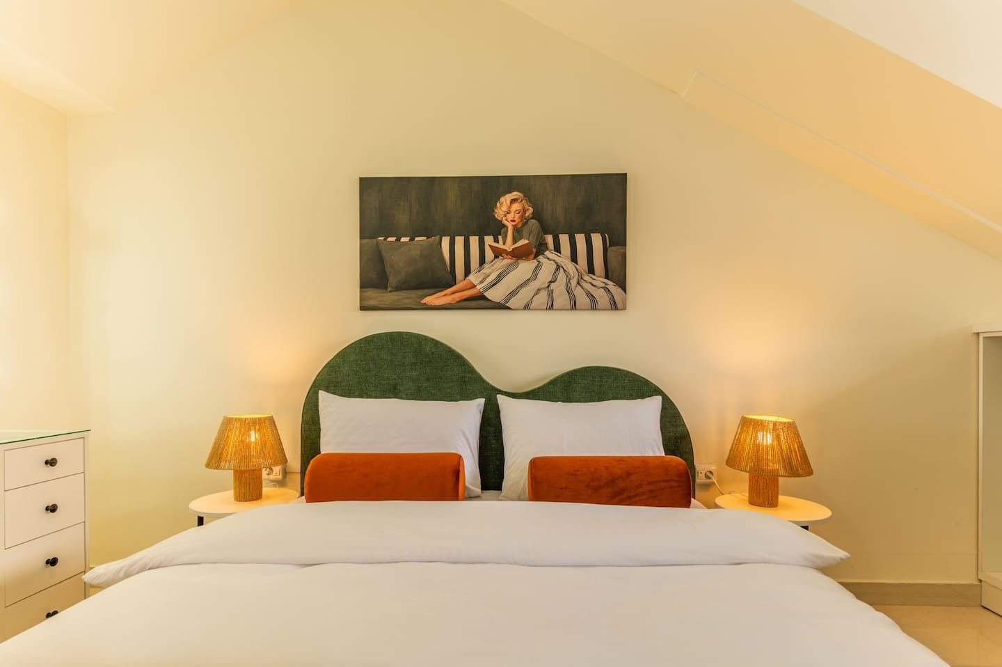Bedroom with green headboard, Chic Boho 2-Bedroom with Private Terrace