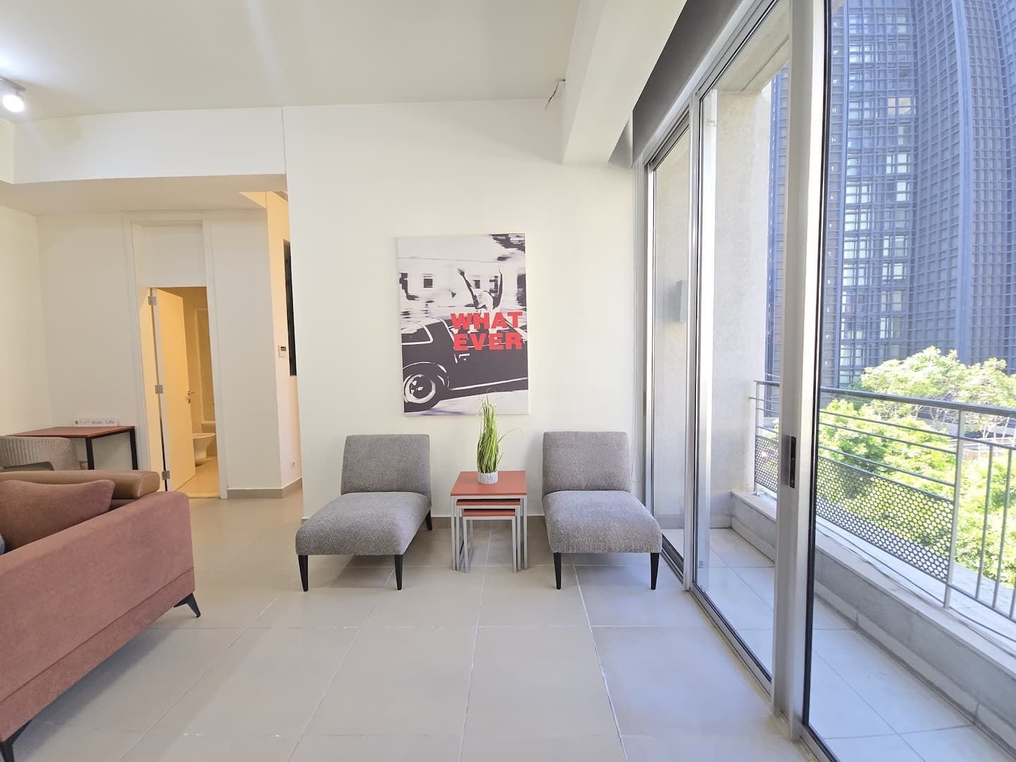 Living area with balcony doors, Saifi 1-Bedroom with Balcony & Heated Indoor Pool