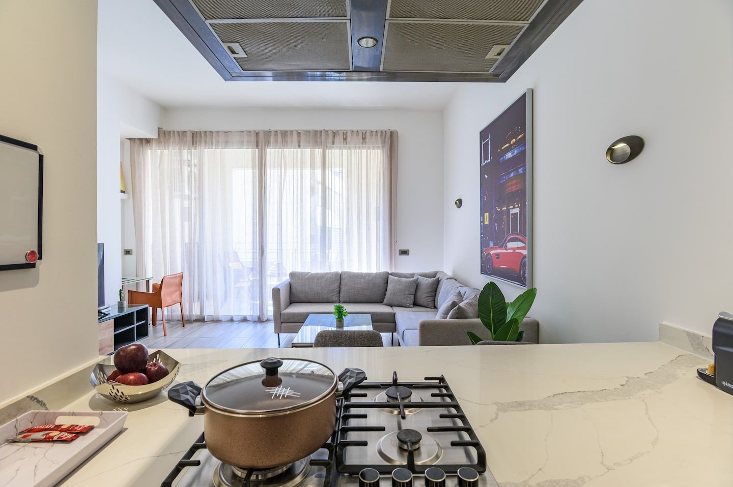 Open kitchen and living area, Saifi 1-Bedroom with King Bed, Pool & Gym
