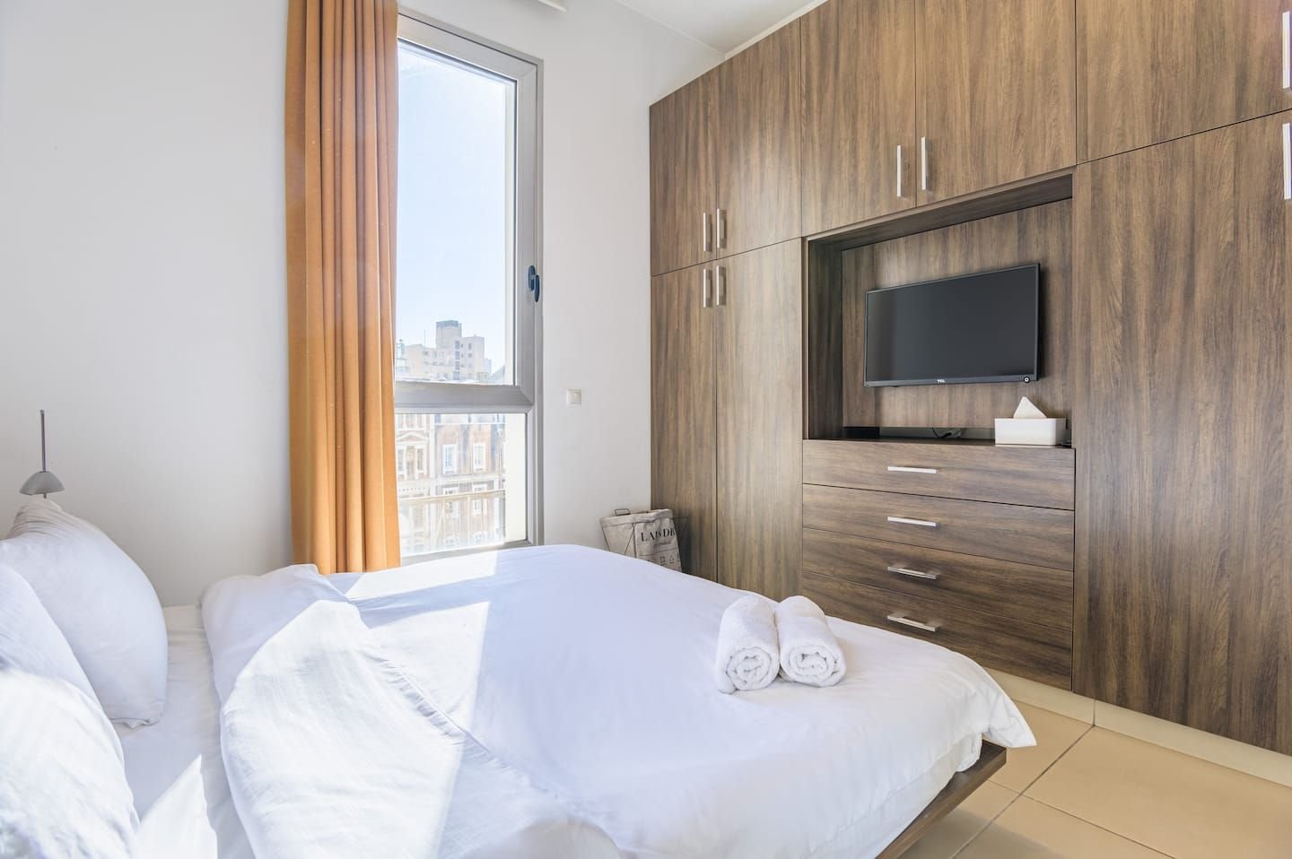 Bedroom with built-in wardrobe and TV, Modern Saifi 1-Bedroom with Heated Pool