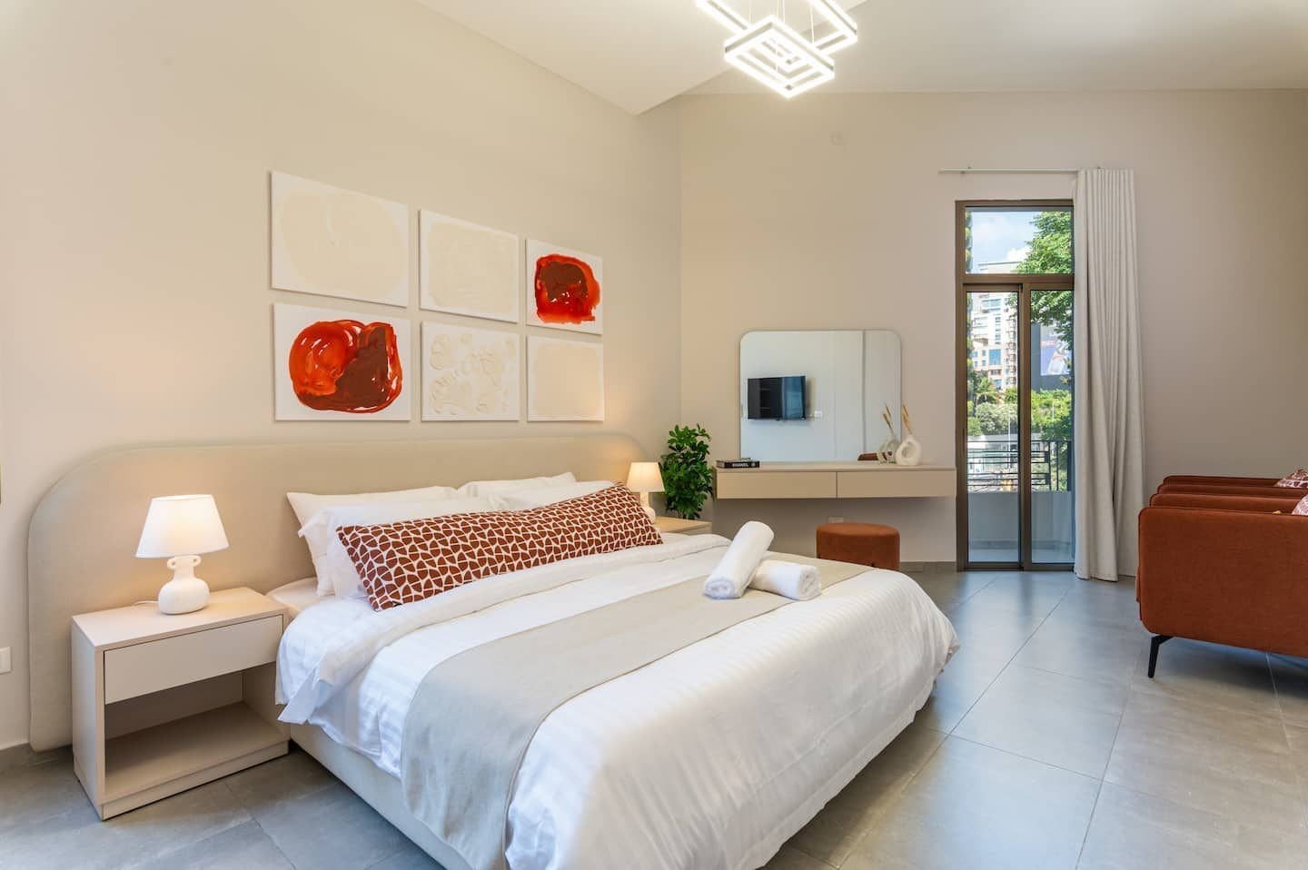 Master bedroom with balcony door, Flat 1B (green interior) at Saifi 300, Tabaris