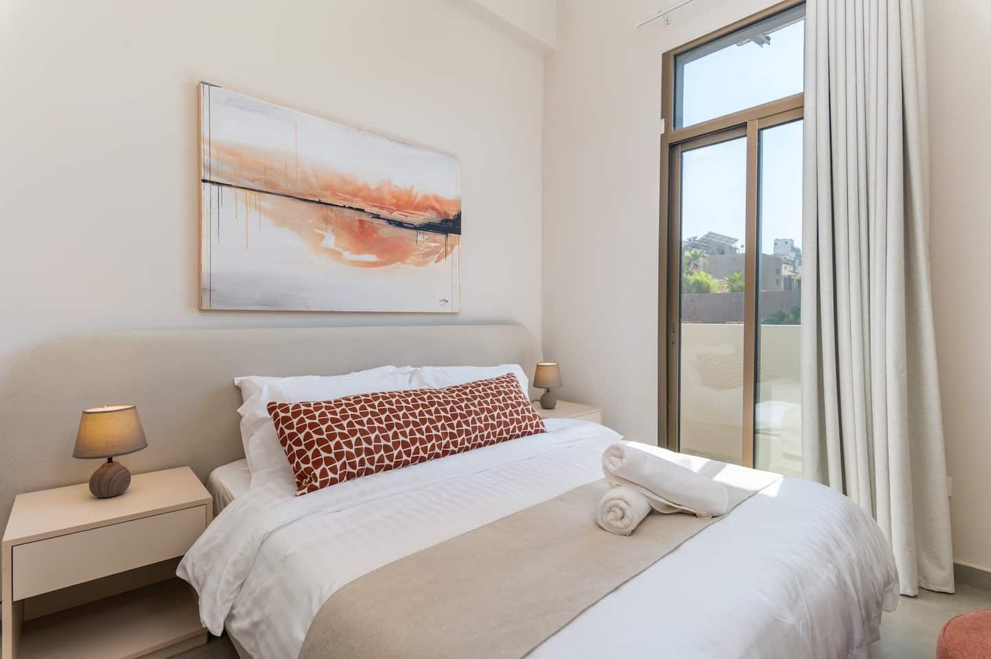 Bedroom with king bed, Flat 3B (green interior) at Saifi 300, Tabaris