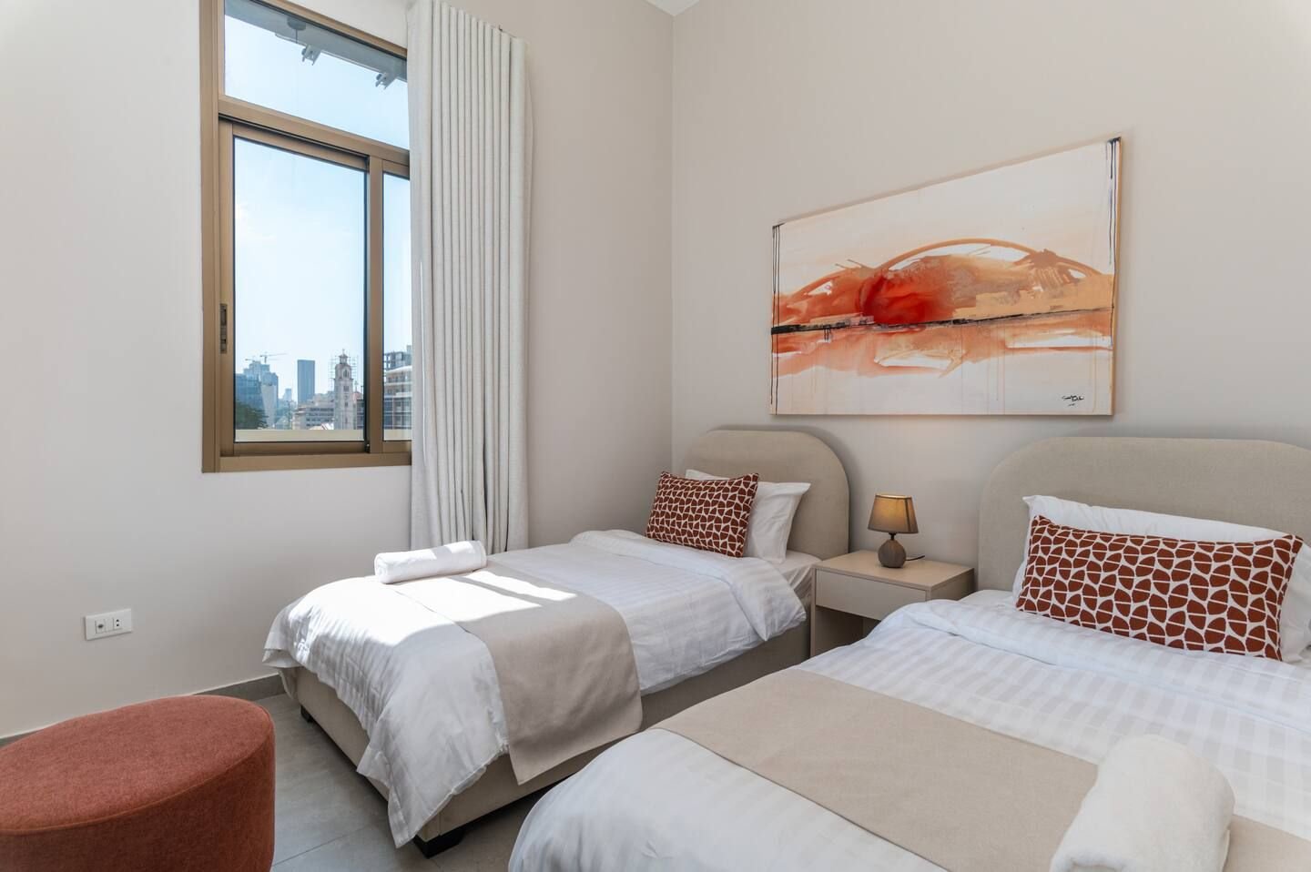 Twin bedroom, Flat 3B (green interior) at Saifi 300, Tabaris