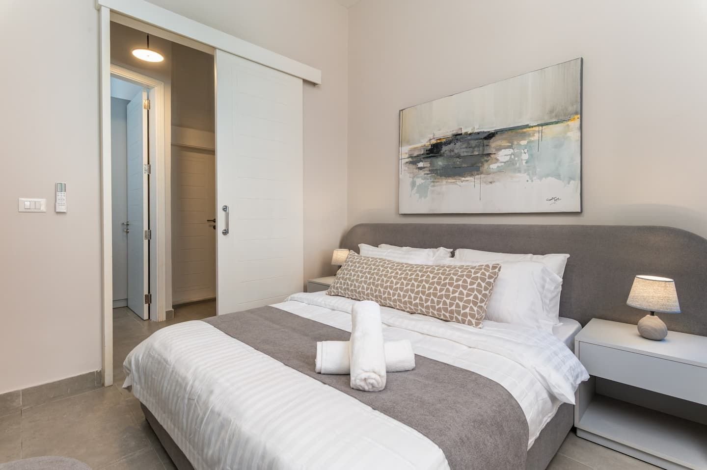 Bedroom with queen bed, Flat 3A (red interior) at Saifi 300, Tabaris